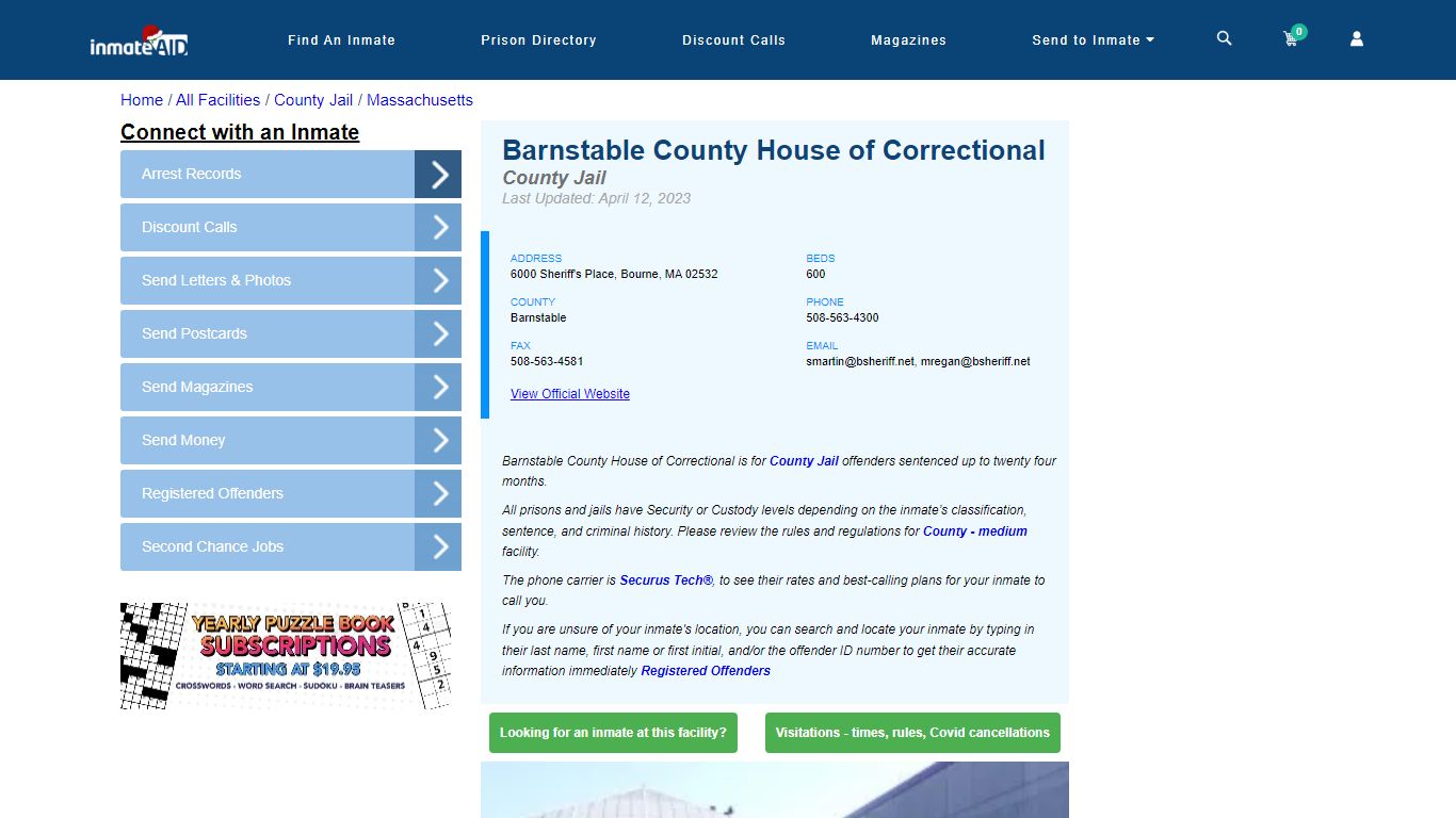 Barnstable County House of Correctional - Inmate Locator - Bourne, MA